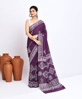 Purple Pure Light and Breezy Dabu Discharge Handblock Printed Premium Cotton Saree